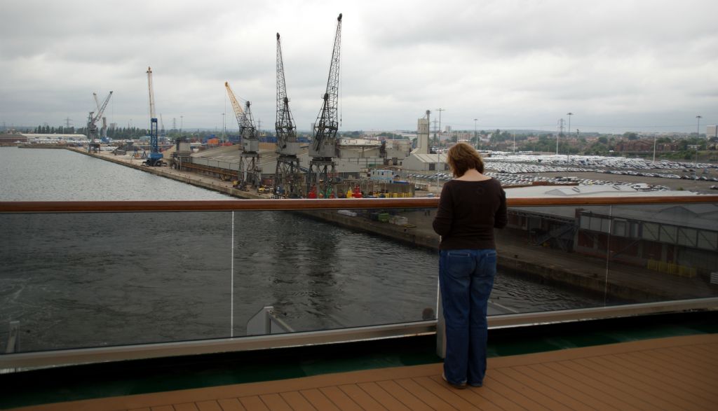 Saturday – Judith on our terrace, watching Arcadia move away from its dock in Southampton.