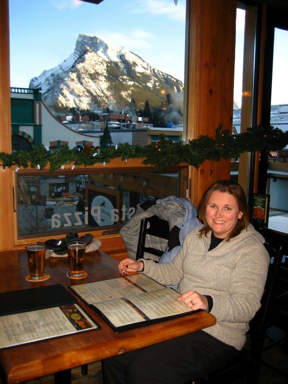 Back in Banff and we were off for a couple of beers and a bite to eat in Judith's favourite Banff restaurant/bar - the Elk and Oarsman. There was a nice view of Mount Rundle out of the window.