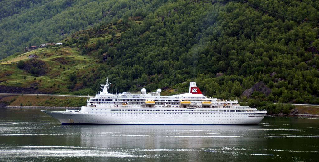 Friday - We were visiting Flam, a small village at the head of the Sognefjord, which is the longest (115 miles) and deepest (up to 3,700 feet) of the Norwegian fjords. This is a picture of the cruise ship Black Watch, which had already dropped anchor in the fjord at Flam when we arrived.