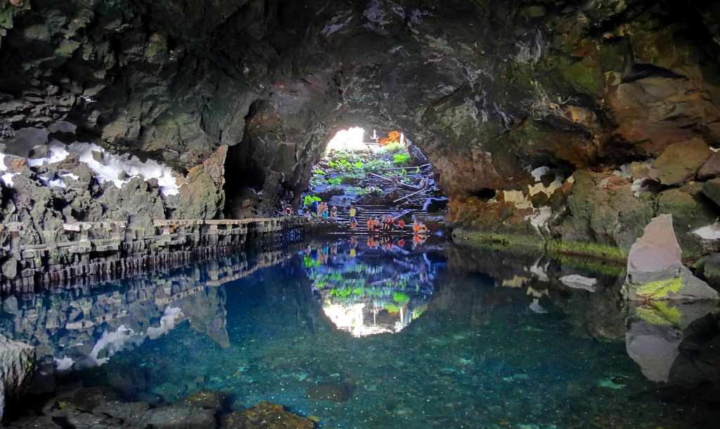 The word "jameo" refers to a volcanic cave with a collapsed roof, which in this instance has revealed the presence of the previously hidden tunnel and lake shown in the photo.