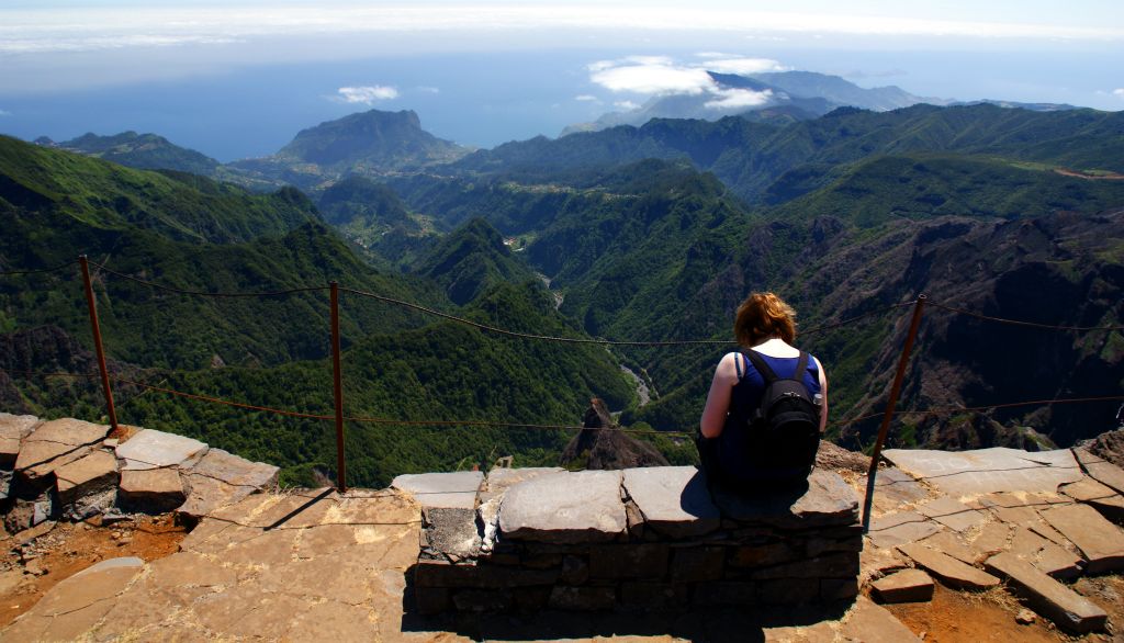 Here's Judith sitting at the view point looking east towards the Ponta de Sao Lourence, the peninsula at the eastern end of Madeira, which is just about visible through the haze almost 20 miles away.