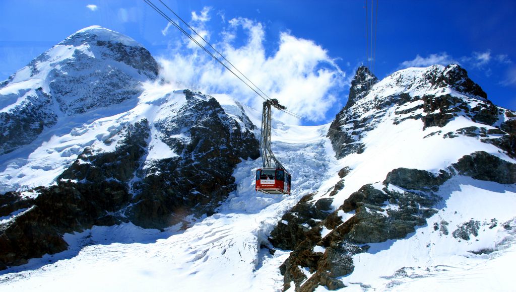 We got the Matterhorn Express cable car from Zermatt, up to Trockener Steg, then switched to this cable car for the final leg up to Klein Matterhorn, which is the peak on the right in the photo (where the cables are going to). The mountain on the left is Breithorn.