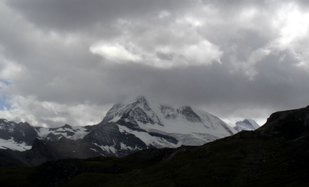Eventually the path leveled out and I got my first (partial) view of the Matterhorn, which was largely obscured by the clouds.