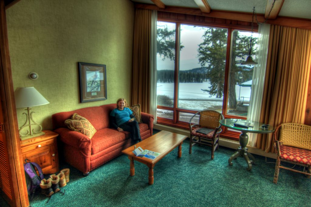 After several hours of driving, we finally made it to the Fairmont Jasper Park Lodge just before sunset. The resort was very much like a posh Center Parks, sitting in 5,000 acres of forests and lakes a few miles outside of Jasper. This was Judith sitting in the lounge of our lake-view suite.