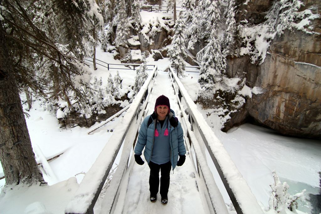 On the way to Banff, we took a minor detour to Johnson Canyon. Apart from the canyon itself, there were a couple of waterfalls to see. The first was only around an hours walk from the car park, whilst the second was two hours walk. Here's Judith on the bridge at the foot of the first waterfall. I did take a few photos of the waterfall itself, but it was pretty much completely frozen and there was nothing to give it any scale, so I've not bothered to include any of them.As it was already the middle of the afternoon, we didn't feel there was time to press on to the second waterfall (plus it's nice to leave something for next time), so we headed back to the car.