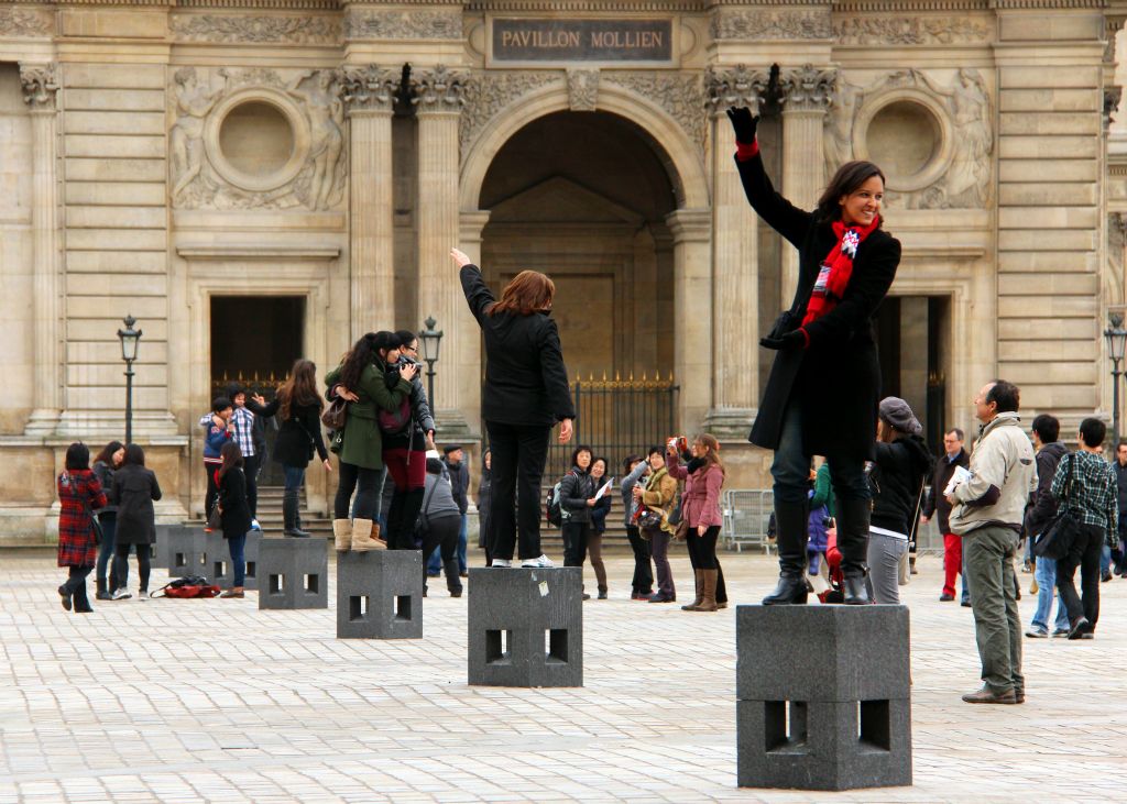 In the Louvre’s courtyard, it seemed to be the done thing to stand on these blocks and have your photo taken with your finger apparently resting on top of La Pyramide.