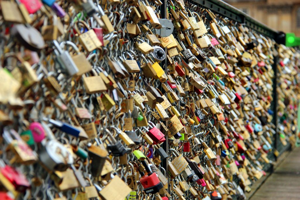 The railings at the sides of the Pont des Arts were covered in padlocks on which people had written little messages.