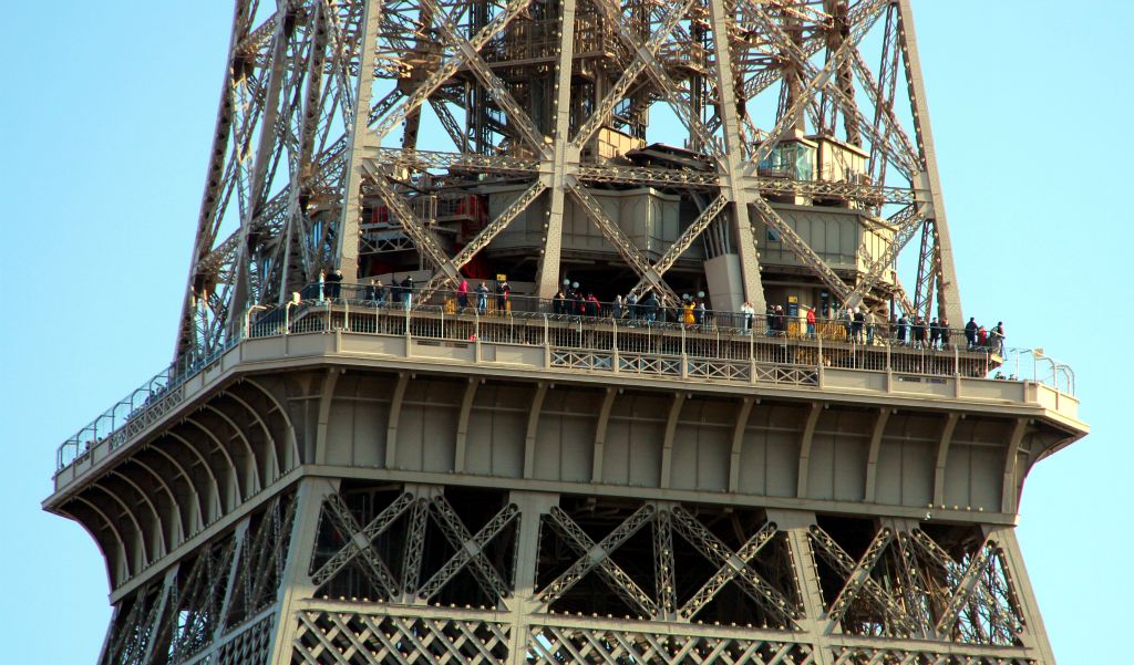 A view of the tourists on the second level of the Eiffel Tower.