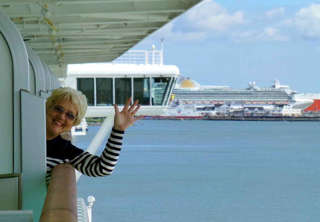 Here’s my mum getting acquainted with her balcony, with another of the departing cruise ships in the background - the P&O Azura. Been on that one.