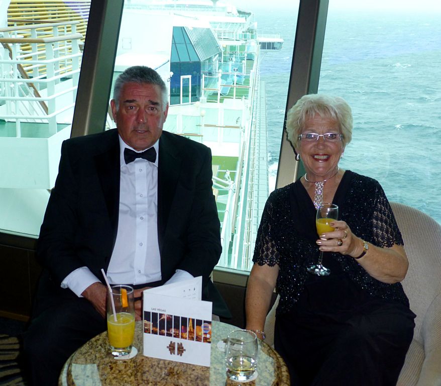 And here’s my mum and dad having a pre-dinner drink in the Metropolis bar on deck 18, with a nice view down the side of Ventura.
