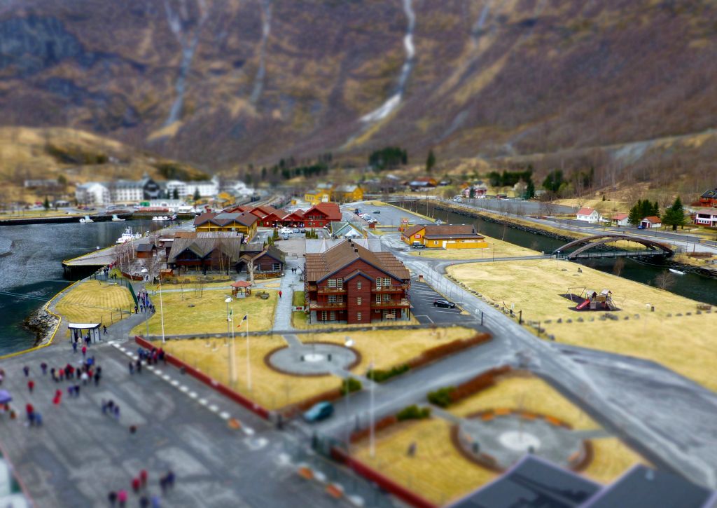 A view of the tiny town of Flam from our berth, rendered tiny using my camera’s “miniature” effect.