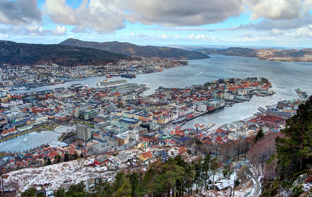 We get the little train to the top of the hill to admire the view over Bergen. You can just make out in the foreground that there’s still a lot of snow on the ground up here.