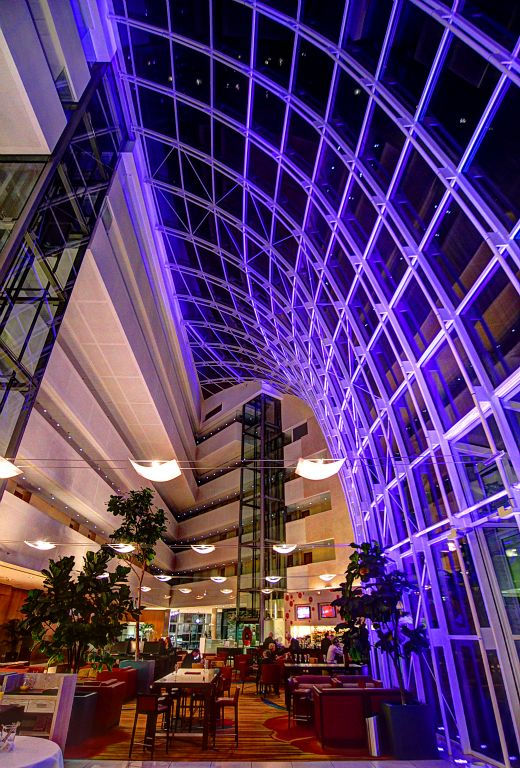 The atrium looks fabulous during the day, but it looks amazing when it’s lit up at night.