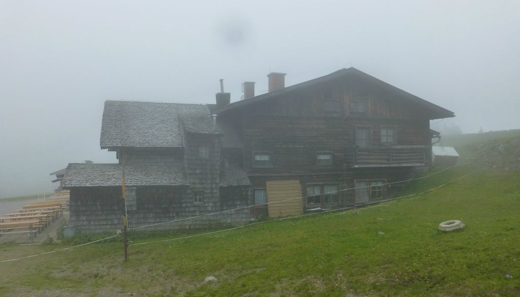 Just before I reached the top of the hill, I ascended into the clouds, the temperature dropped from the mid-20s to about 10C and it started raining lightly. Doh! This is the view of the Hutte at Rossbrand. Still, it’s been a good walk to the top.
