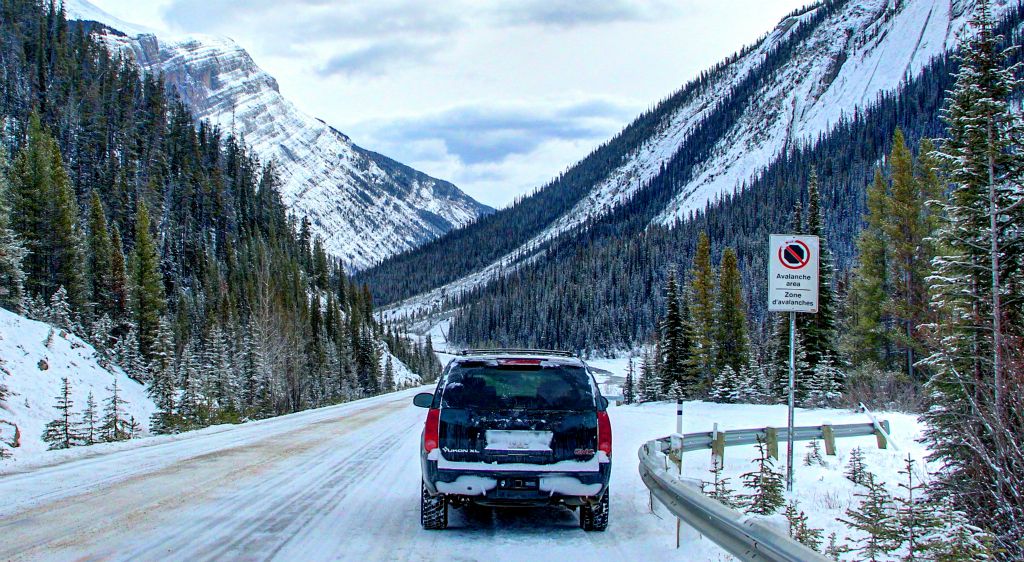 There are quite a few avalanche zones on the Icefields Parkway. Although you’re not permitted to stop in them, I assume it’s okay to stop just before one to take a photo of the sign?