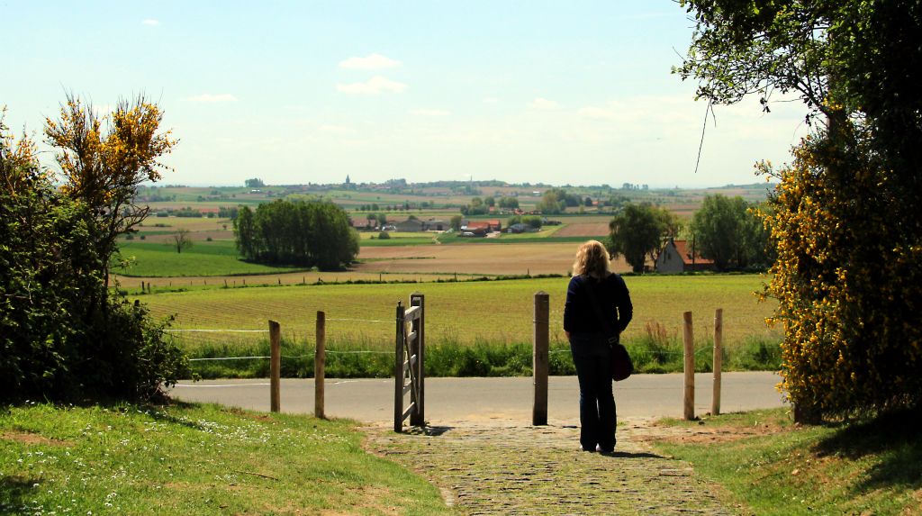 We were heading for the Lone Tree Cemetery, but it turned out that the Spanbroekmolen crater is right next to it. This is Judith at the entrance. With Belgium being so very flat, views like this are fairly hard to come by.