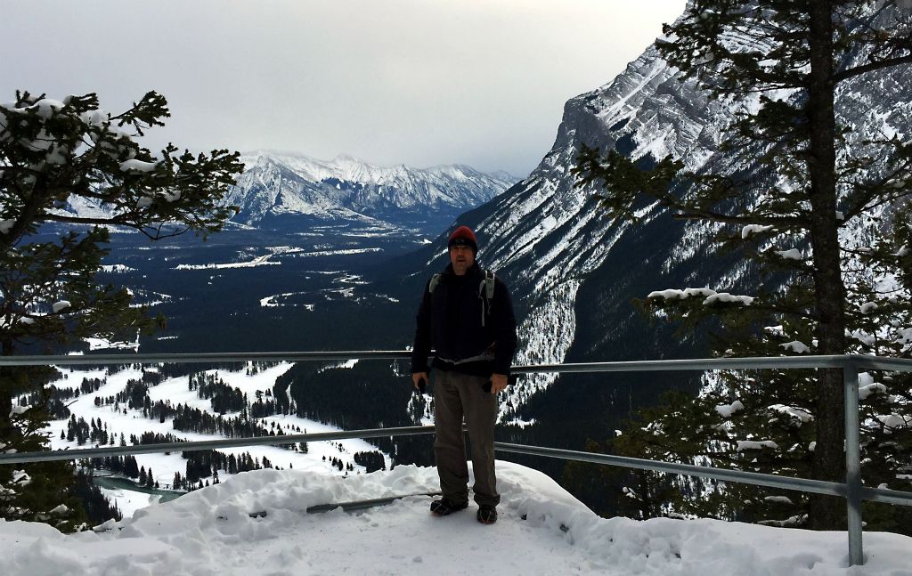 Me with the Banff Springs golf course on the left and Mount Rundle on the right, taken using the handy little phone tripod I got from Amazon.