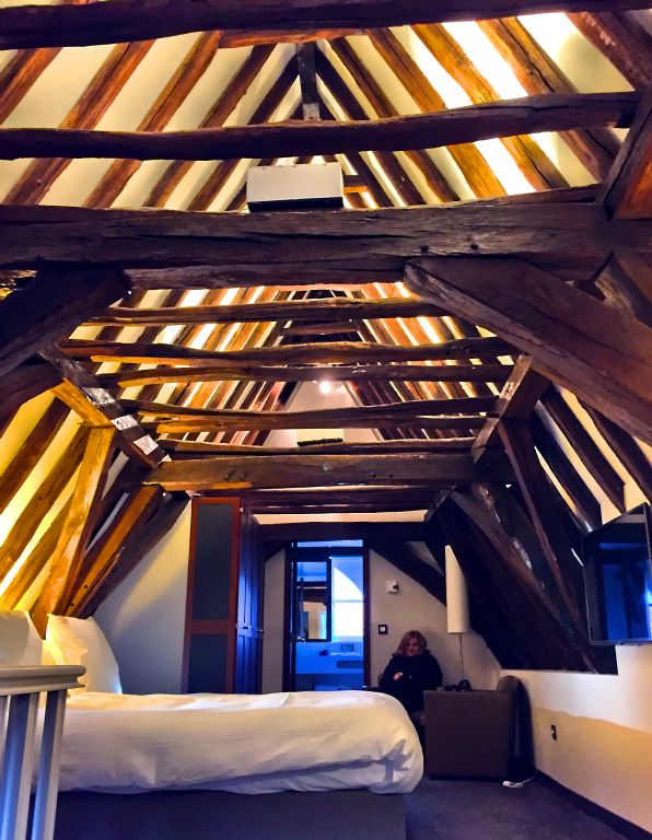We checked into the Crowne Plaza with about 90 minutes to spare before our dinner reservation. They had kindly upgraded us from a standard room to this Medieval Suite in the roof of the old building.