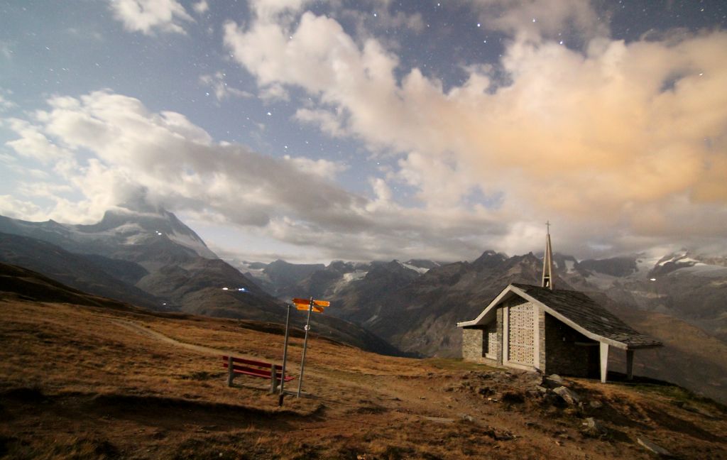 The little church and the Matterhorn (although the Matterhorn is largely obscured by cloud).