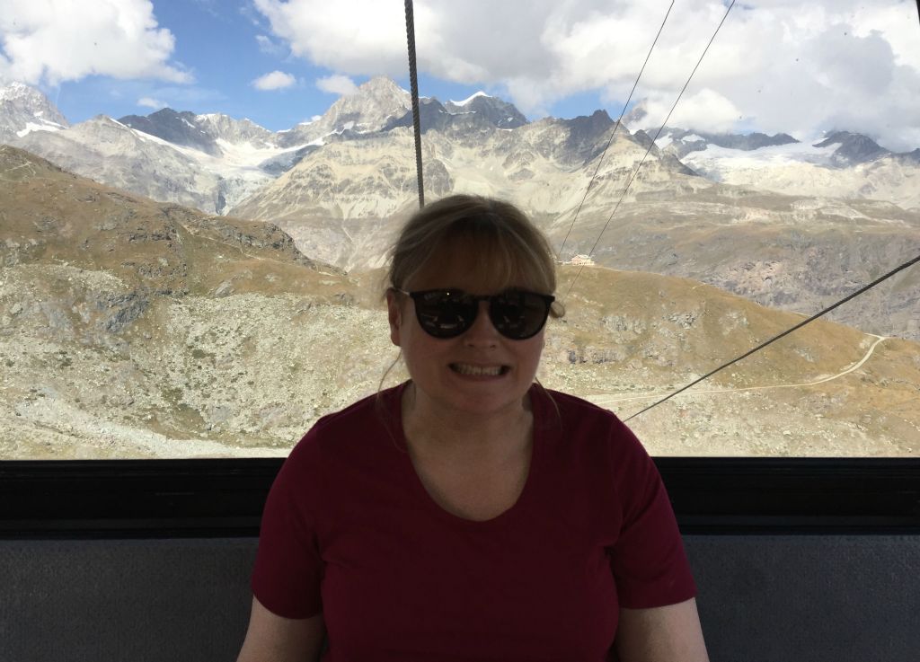 So we got the train back to town and walked across town to the Matterhorn Express cablecar, which we got up to Schwarzsee. Here's Judith on the cablecar.