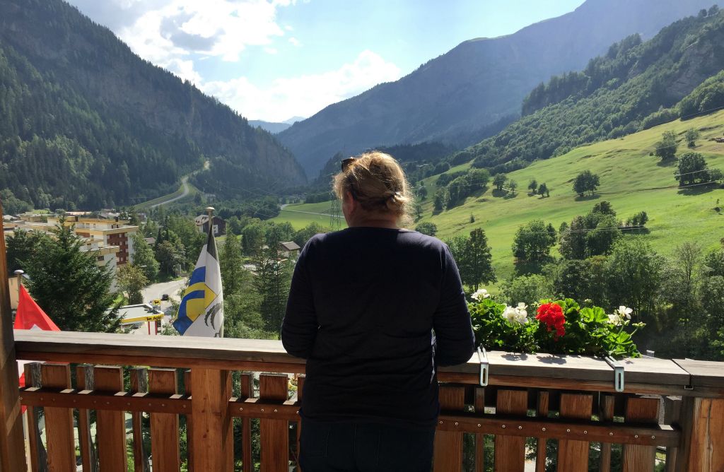 And here's Judith on the balcony of our room at the Hotel Viktoria in Leukerbad.
