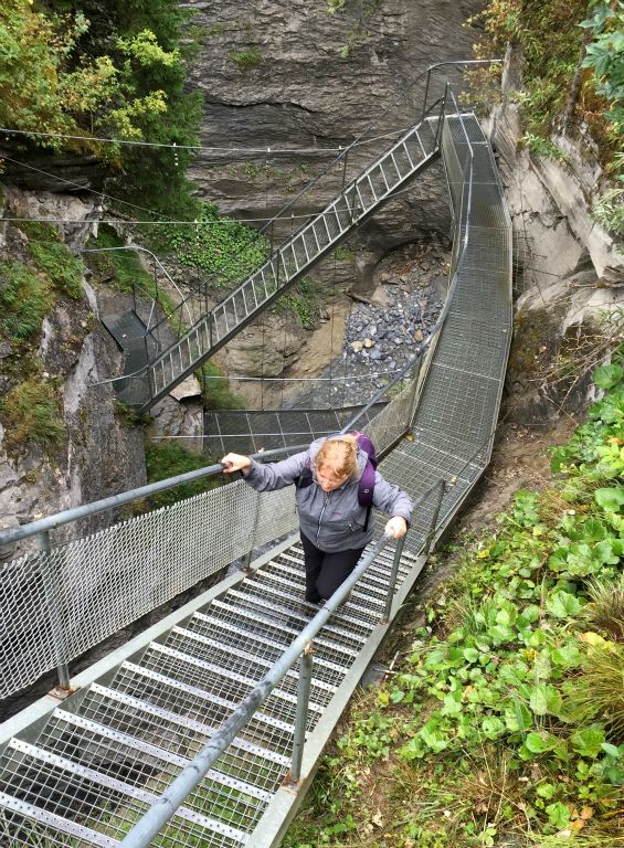 At the end of the gorge there are some impressively steep steps that you need to ascend to climb out. Judith was almost as unhappy with those as she was with the suspension bridge.