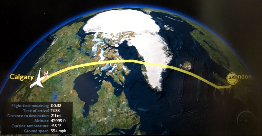 This is a photo of the in-flight information screen, which shows the flight path. We skirted the southern tip of Iceland, cut right across Grennland and travelled across very northern Canada, well north of Hudson Bay (the large "lake"-like expanse of water just to the left of centre).