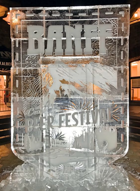 Finally it was time for the beer festival. We got the free bus from Banff Ave Brewing to the Cave and Basin, where the festival was being held.This big ice sculpture at the entrance must have been clinging on for dear life in the unexpectedly mild conditions.