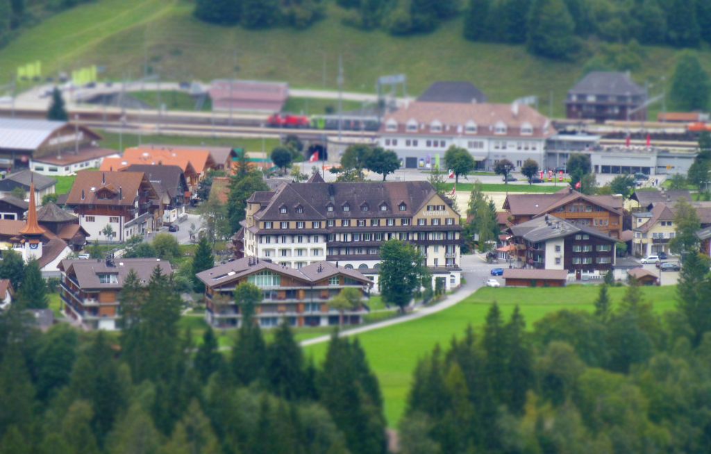 One of those weird miniature photos of the buildings in Kandersteg.