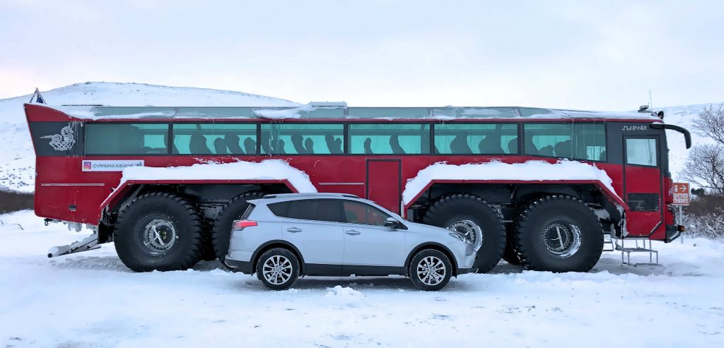 This snow coach was parked near the hotel. They use it, and other vehicles like it, for trips onto the nearby Langjokull Glacier. Fortunately we'd done that in a monster truck a few years ago when we were here on a cruise, so we didn't need to go again.