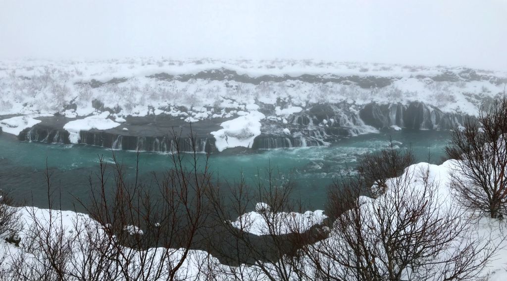 We popped back in to Hraunfossar as a) we had to drive past it anyway, and b) we were interested to see if it was different in the reduced visibility.