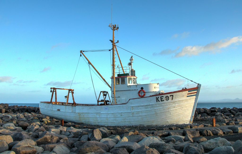 In Reykjanesbaer (the town nearest to Iceland's Keflavik international airport), this is apparently the first fishing boat in Iceland to be designed with the bridge on the front deck. Built in 1961.