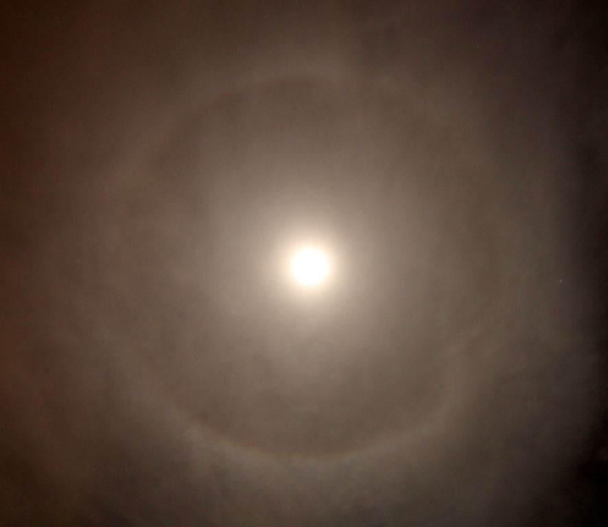 After dark there was a very impressive, and rarely seen, moon halo, which has come out quite well in this photo.