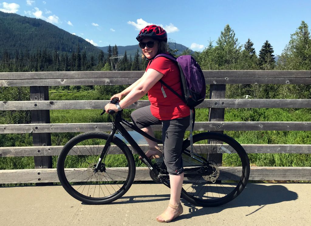 The hotel provided complimentary bikes, so we decided to cycle into Whistler Village rather than drive. Although the excellent trail was a little hillier than Judith would have preferred.