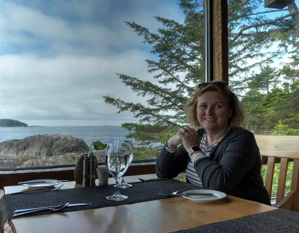 Here's Judith in their restaurant. Lunch was excellent (as is everything at the Wickaninnish Inn).