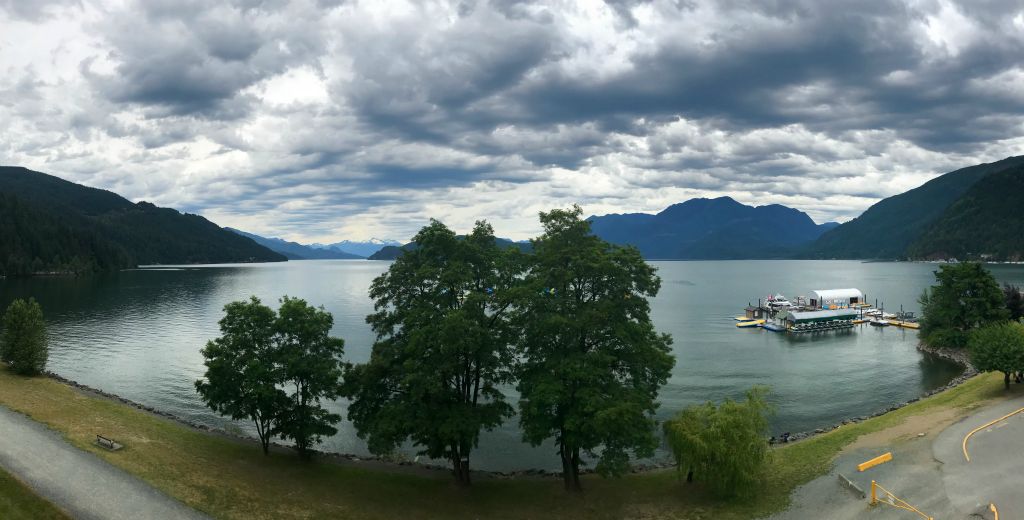We finally made it to our hotel, The Harrison Hot Springs Resort and Spa, which was by a very significant margin the busiest hotel we'd stayed in on the entire trip. The car park was so busy we had to park in the staff car park.However, there was a pleasant view from our balcony.