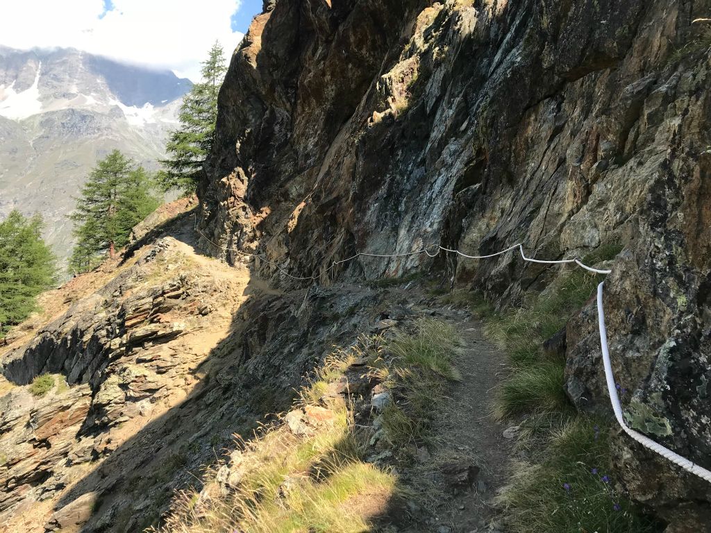 Having crossed the bridge, I decided to continue to follow the Europaweg back to Zermatt. Ropes bolted to rock walls are always quite entertaining.