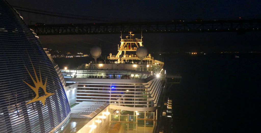 Monday - I was up early and out on deck well before sunrise (along with a lot of other people) to watch Azura pass under the Ponte 25 de Abril (25 April bridge), which is at the entrance to Lisbon harbour and barely visible in the darkness ahead.