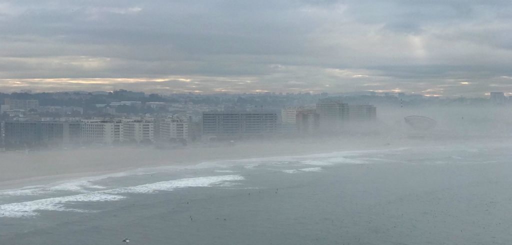 Tuesday - Although we're visiting Porto (or Oporto as it seems to appear on some maps), the cruise ship terminal is a few miles away in the pretty seaside town of Matosinhos.This is the view of the Matosinhos seafront through the early morning mist from Azura's deck 19.