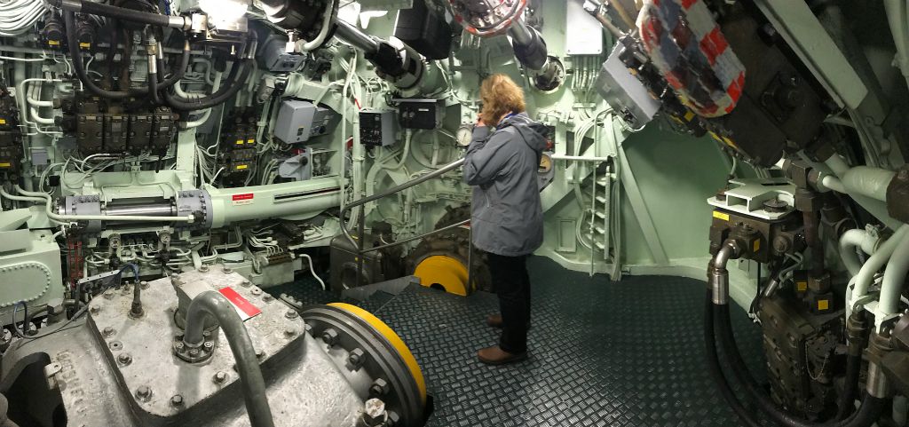 Inside the submarine. This is the engine room, where the electric motors that spin the propeller are located.