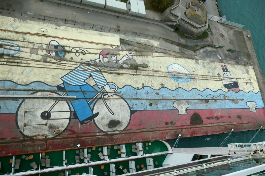 This massive mural was painted on the dock next to Azura. If you look at the bottom of the photo you can see the side of the ship.