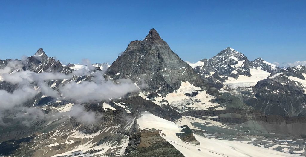 The Matterhorn looks very odd from up here because it's got a big bit poking off the back that you can't see from Zermatt.