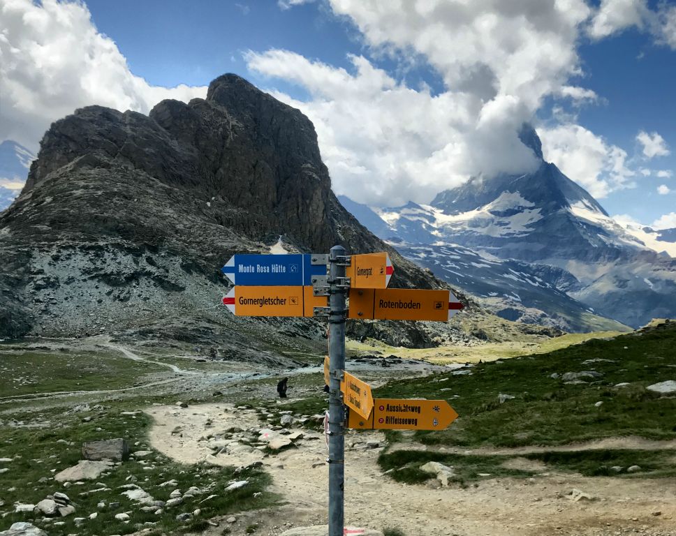 Having had a look about and a bite to eat at Gornergrat, we got the train down to Rotenboden, where we picked up the Gornergletscher trail, which we intended to follow until it became the alpine trail to the Monte Rosa Hutte.