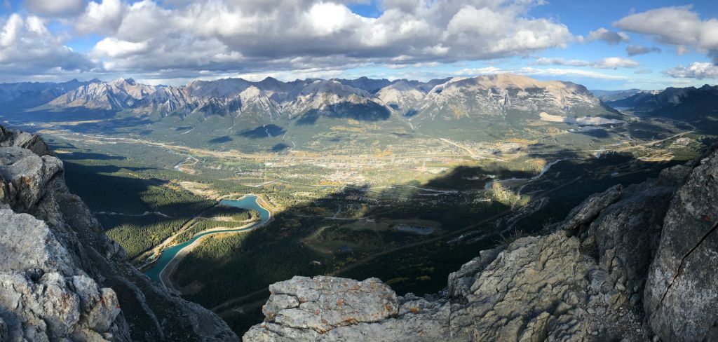 This is a panorama of the view from the top looking north. Canmore is down there somewhere.