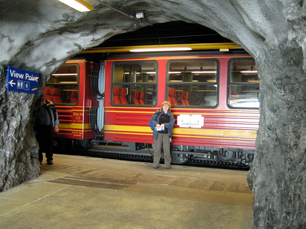 Most of the journey from Kleine-Scheidegg to the Jungfraujoch is through a 7.3km tunnel that climbs through the Eiger and Monch mountains. On the way, the train stops at two observation galleries. This is the second one, the Eismeer Station, at 10,368 feet.