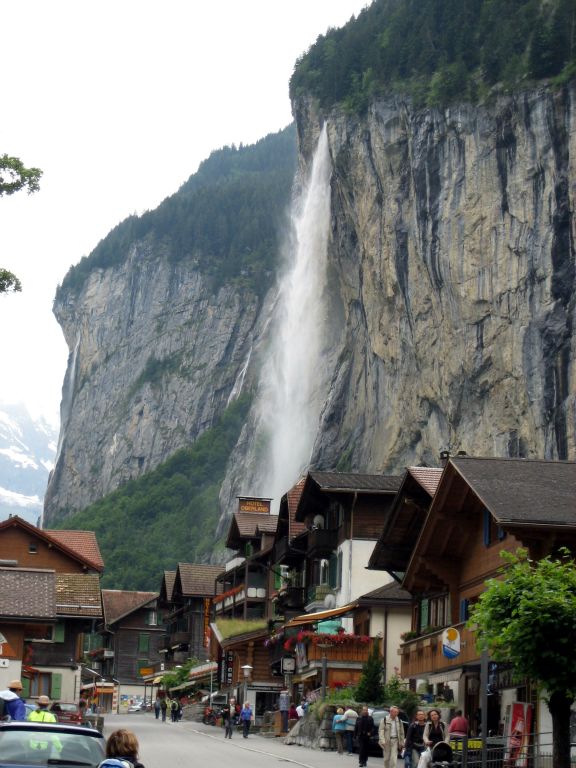 This is a picture of Lauterbrunnen, with the imposing Staubbach Falls in the background.