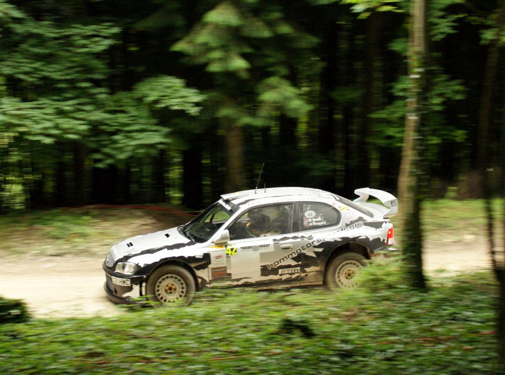 A Hyundai Accent WRC in the rally stage.