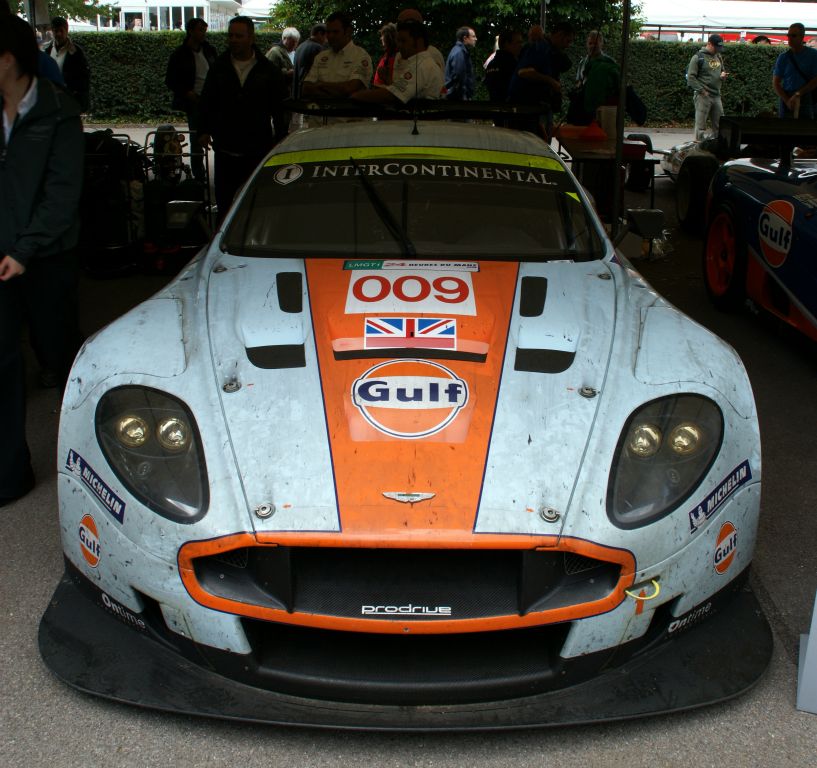 The Le Mans 2008 GT1 class winning Gulf Aston Martin DBR9, still sporting its Le Mans grime.