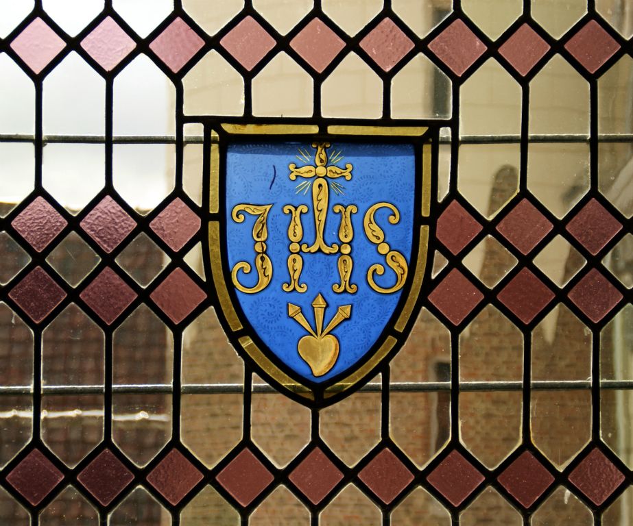 A stained glass window in the Kempinski Hotel with Judith's initials on it.