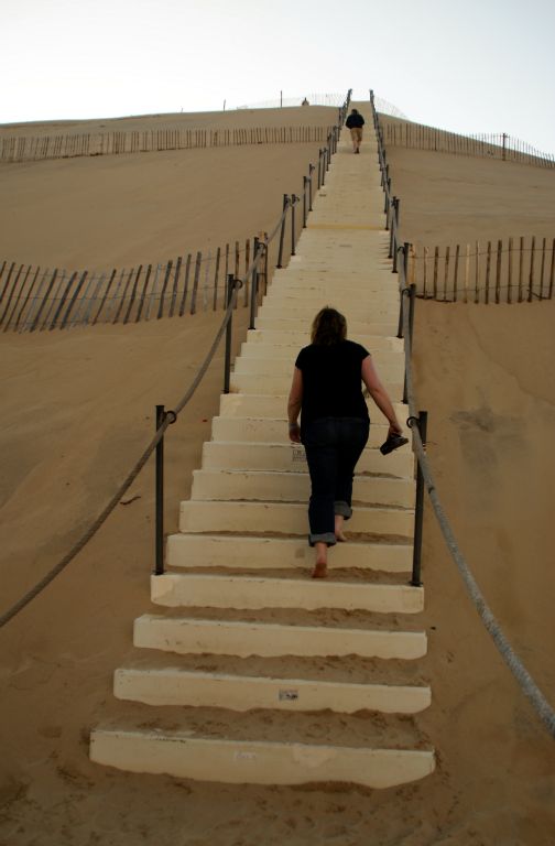 Eventually we made it to the Dunes du Pyla, which are enormous sand dunes (apparently the largest in Europe) just outside of Arcachon, our scheduled overnight stop. The dunes are around 100 metres high and only run for a few miles along this stretch of coast. Because the sand is so fine, they've had to install the plastic steps shown in the photo to help people get to the top.